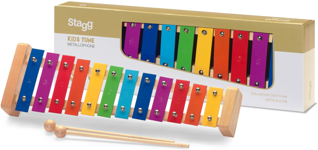 Métallophone avec 12 lames de différentes couleurs et deux mailloches